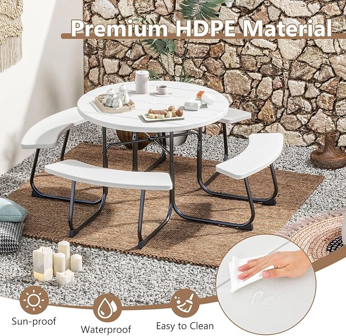 HAPPYGRILL 8-Person Picnic Table Bench Set with Umbrella Hole, 43” Outdoor Dining Table w/4 Benches, Wood-Like Texture Tabletop, Stable U-Shaped Base, Round Table for Backyards, White