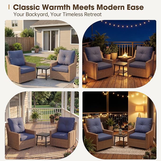 NestNook 3 Piece Patio Furniture Set, Outdoor Furniture Wicker Swivel Chairs Set of 2 with Side Table Rattan Patio Conversation Set for Balcony Deck Backyard and Poolside (Blue)