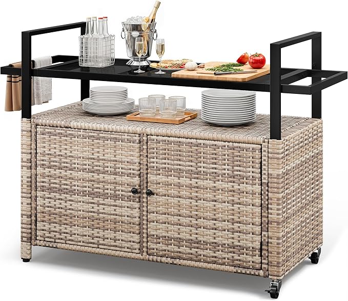 YITAHOME XL Outdoor Storage Cabinet, Outdoor Storage Cart with Wheels and Black Glass Table Top for Patio, Outdoor Cabinet for Poolside and Backyard (Light Brown)