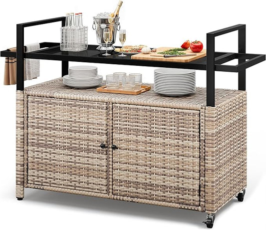 YITAHOME XL Outdoor Storage Cabinet, Outdoor Storage Cart with Wheels and Black Glass Table Top for Patio, Outdoor Cabinet for Poolside and Backyard (Light Brown)
