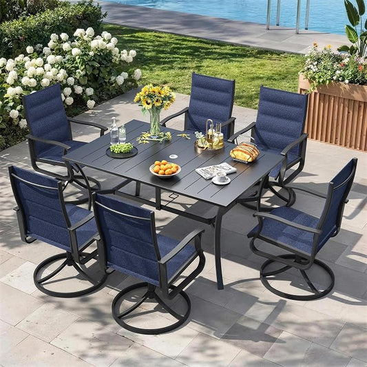 7 Pieces Patio Dining Set, Padded Patio Outdoor Furniture Set of 6 Patio Swivel Dining Chairs and Patio Spliced Rectangular Tabletop with Umbrella Hole, for Deck, Backyard, Poolside & Garden