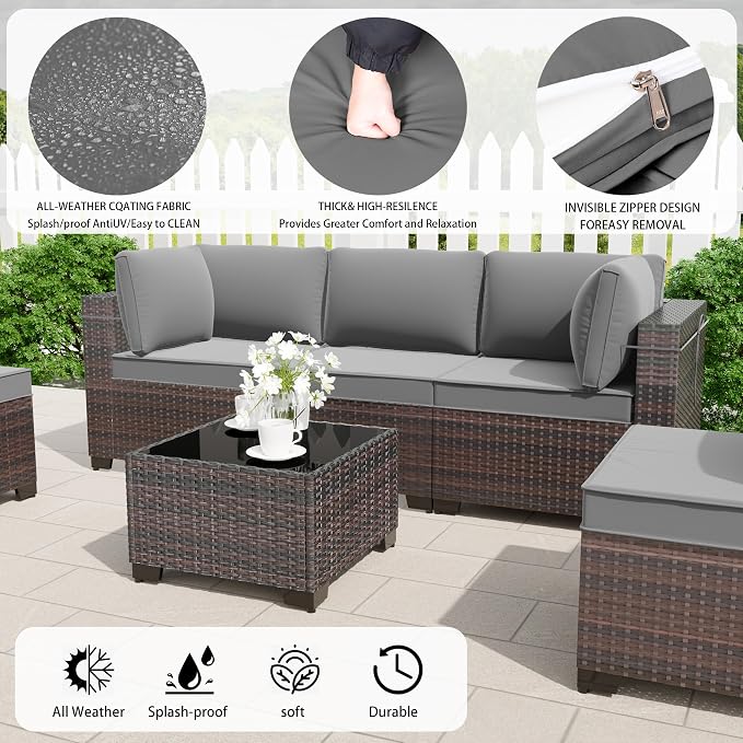 15 Pieces Outdoor Patio Furniture Set,Outdoor Sectional Furniture with 43" 55000 BTU Gas Propane Fire Pit Table,All Weather PE Rattan Wicker Patio Conversation Set,Grey