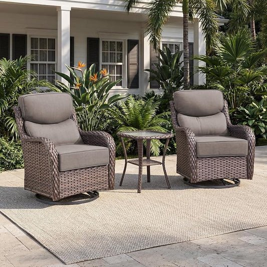 Rilyson Wicker Outdoor Patio Furniture Set - Weather Resistant Wicker,High Back,6 inch Cushions,3 Piece Patio Bistro Set with Swivel Rocker Chairs and Side Table for Deck Porch Yard,Brown/Grey