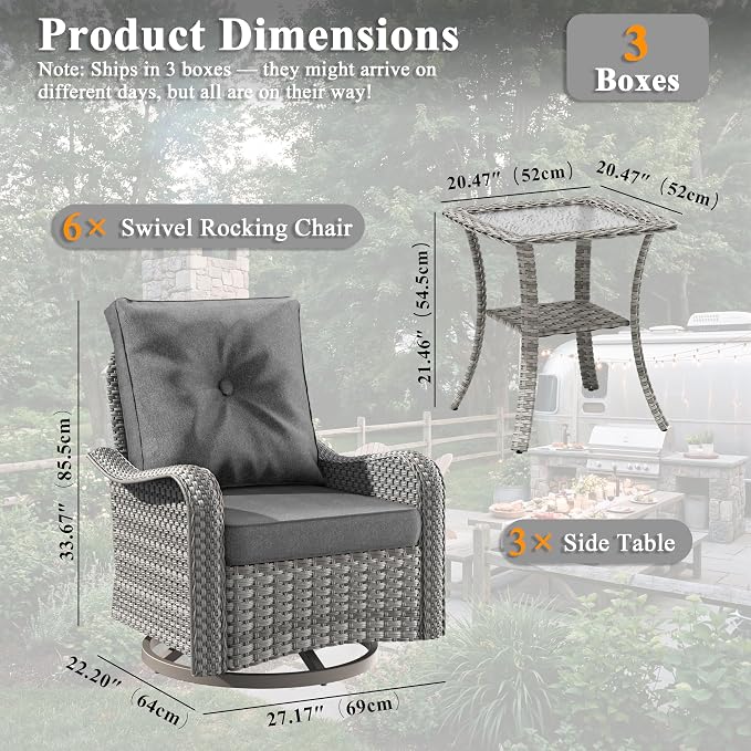 9 Piece Wicker Patio Furniture Set, Swivel Rocking Chairs with 4''Cushions, PE Rattan, Rust Resistant Frame, Double Layer Glass Side Table, for Backyard, Deck or Balcony, Black