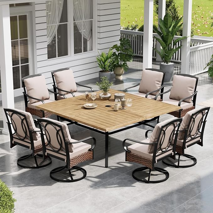 Sophia & William Metal Outdoor Dining Set for 8 Patio Outdoor Table and Chairs with 57.5“ Large Square Dining Table(1.9" Umbrella Hole) & 8 Heavy-Duty Padded Swivel Chairs, for Garden Deck