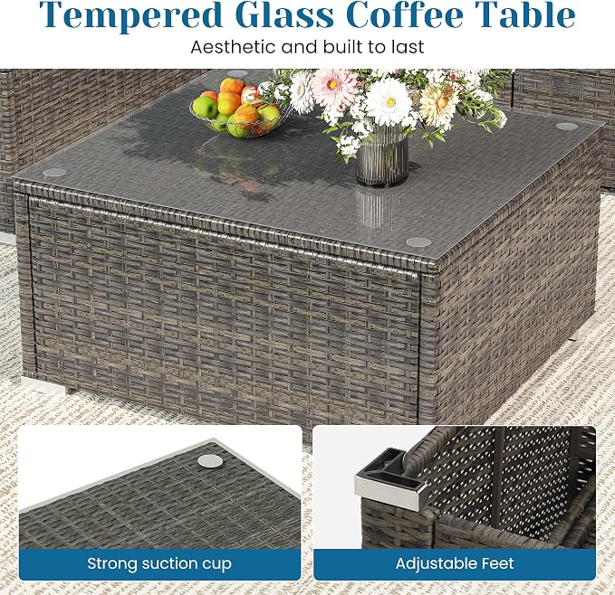 Green4ever 5-Piece Outdoor Patio Furniture Set, All-Weather Wicker Rattan Sectional Sofa with Cushions and Glass Coffee Table, Patio Conversation Set for Backyard, Porch, Garden, Balcony, Beige