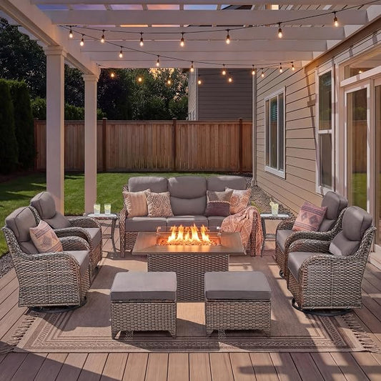 Luxury Patio Furniture Set with Fire Pit Table-10 Pieces All Weather Outdoor Swivel Rocker Chairs with Sofa and Ottomans. Outdoors Patio Conversation Sets for Porch Deck Garden(Brown/Grey)