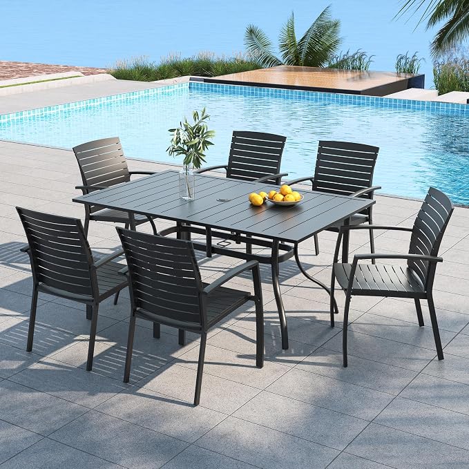 Outdoor Patio 63" Rectangular Table and Aluminum Resin Chairs 6 Person Set | Aluminum Frame Chairs, Resin Chair Seat, Resin Chair Back, 6 Piece Stackable Chairs, 1 Piece Black Metal Table, 6 Person Set