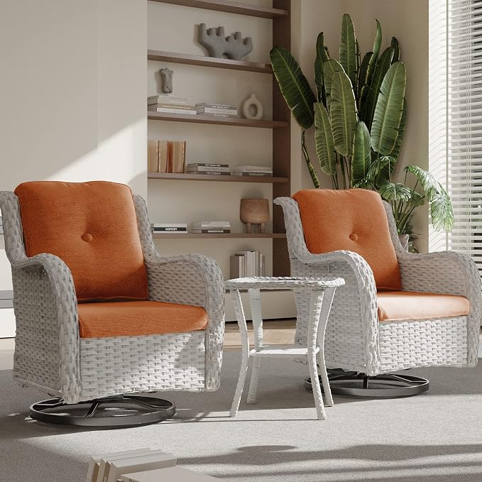 Joyside Outdoor Swivel Rocker Patio Chairs Set of 2 and Matching Side Table - 3 Piece Wicker Patio Bistro Set with Premium & Soft Fabric Cushions(Light Grey/Orange)