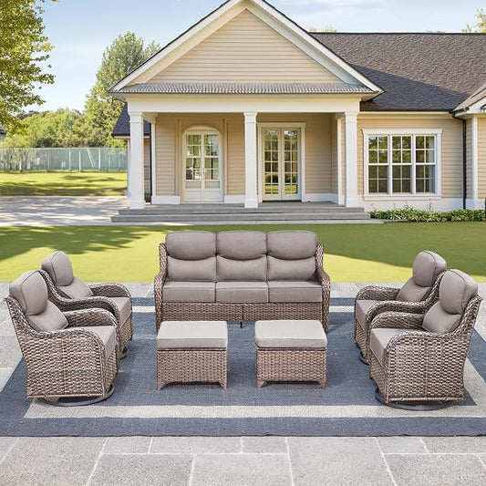 Luxury High Back Outdoor Furniture with 6-Inch Thick Cushions, Patio Furniture Set with Swivel Chairs, 7 PCS Wicker Conversation Set for Porch, Balcony, Deck and Yard