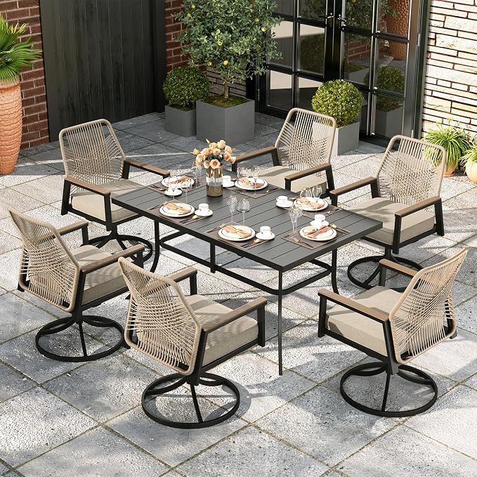 MIXPATIO 7 Pieces Outdoor Patio Dining Set, Rectangular Metal Patio Table with Umbrella Hole, 6 x Swivel Rope Rattan Chairs with 3.2" Cushion for Yard, Porch, Beige