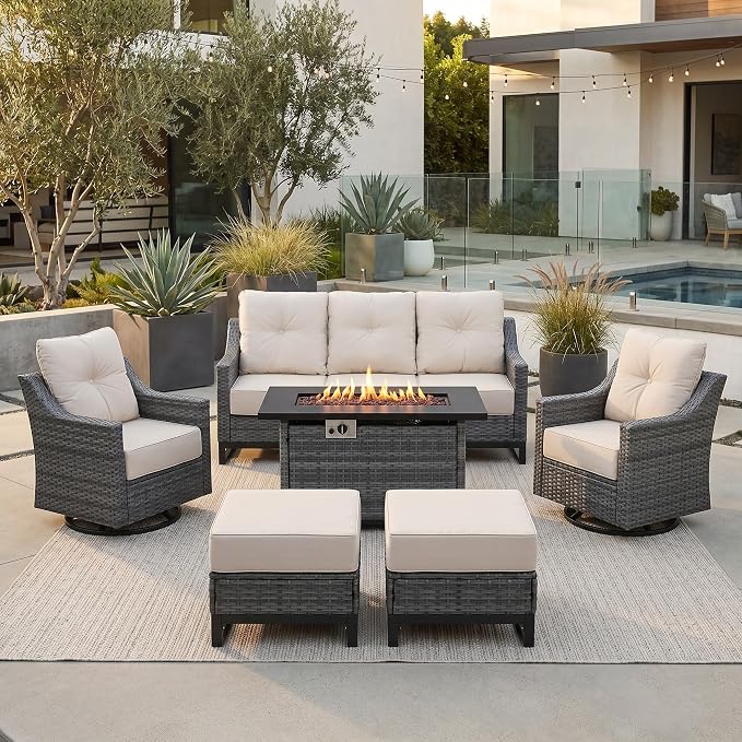 6-Piece Outdoor Patio Furniture Set, Grey Wicker Conversation Set with Sofa, 2 Swivel Chairs, 2 Ottomans and Rectangular 60,000 BTU Fire Pit Table, Beige Cushions