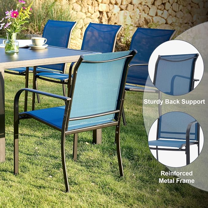 VICLLAX 7 Pieces Patio Outdoor Dining Set, 63" Outdoor Rectangular Metal Dining Table with Umbrella Hole and 6 Stackable Textilene Chairs for Lawn, Garden, Porch, Black/Dark Blue