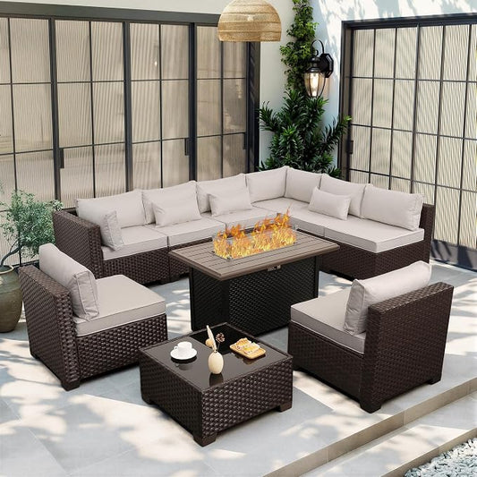 Lviden 10 Pieces Wicker Patio Furniture Set Outdoor PE Rattan Sectional Conversation Sofa Set with Non-Slip Cushions and 45" Fire Pit Table, Beige