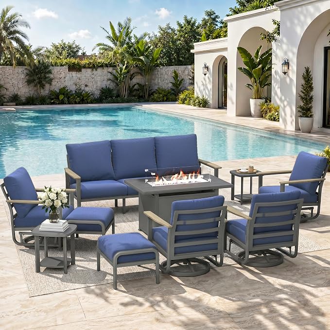 Aluminum Outdoor Patio Furniture Set, 10-Piece Sectional Sofa with 5.1" Thick Cushions, 4 Swivel Rocking Chairs, 55,000 BTU Propane Fire Pit Table, Outdoor Couch for Backyard, Deck, Navy Blue