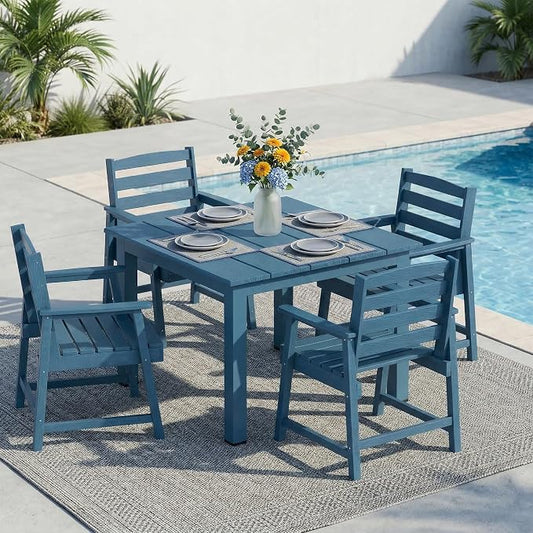 LOUNZY 5 Piece HDPE Patio Dining Set for 4, All Weather Furniture,Navy | 4 person HDPE outdoor table and chairs set, wood-look, 304 stainless steel hardware, strong and stable for daily patio