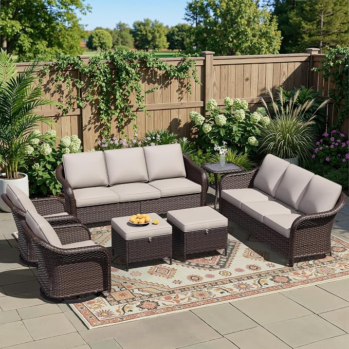 7 Piece Patio Wicker Conversation Set, 2 All-Weather Use Outdoor Wicker Sofa with 2 PE Rattan Ottomans,2 Swivel Chair, 1 Side Table, Ideal for Porch, Backyard, Balcony, Poolside, Beige