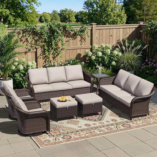 7 Piece Patio Wicker Conversation Set, 2 All-Weather Use Outdoor Wicker Sofa with 2 PE Rattan Ottomans,2 Swivel Chair, 1 Side Table, Ideal for Porch, Backyard, Balcony, Poolside, Beige