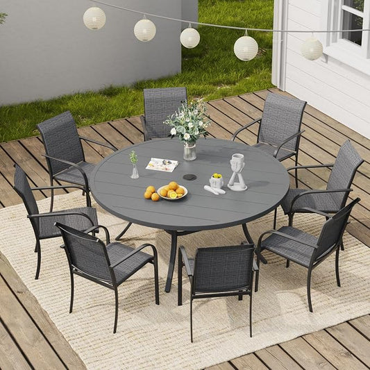 VICLLAX Round Outdoor Dining Set, Patio Table and Chairs Set Set of 8 Patio Stackable Chairs and 53" Outdoor Round Table with Umbrella Hole for Lawn Garden, Dark Grey Chairs and Dark Grey Table