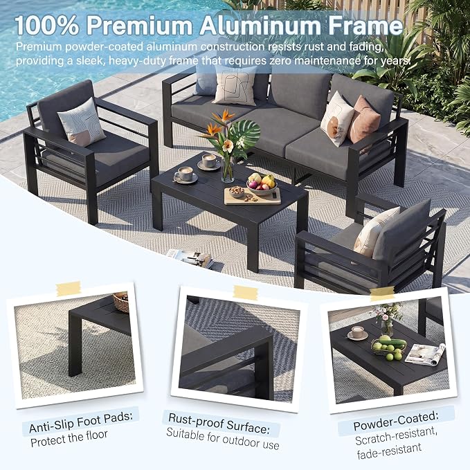 Aluminum Patio Furniture Set, 4 PCS Metal Oversized Outdoor Furniture Set Washable Thick Cushions, 5 Seat Patio Conversation Set with 3.54” Wide armrest and Coffee Table for Patio, Garden