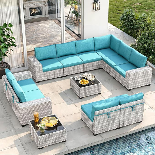 12 Piece Outdoor Wicker Sectional Sofa Set, 10-Seats Patio Furniture Conversation Set with 4" Thickened Cushions & Coffee Table, All-Weather PE Rattan for Garden, Backyard, Porch, Turquoise