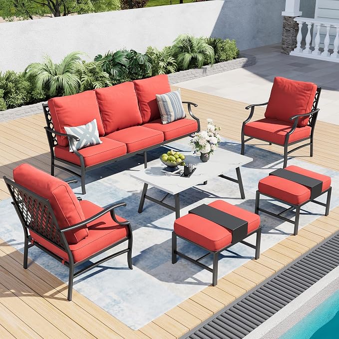 SUNSHINE VALLEY 6 Piece Metal Outdoor Patio Furniture Set, Patio Conversation Sets 1 3-Seater Sofa, 2 Fixed Chairs, 2 Ottomans with 5.75" Thick Cushion and Coffee Table, Black Backyard Furniture, Red