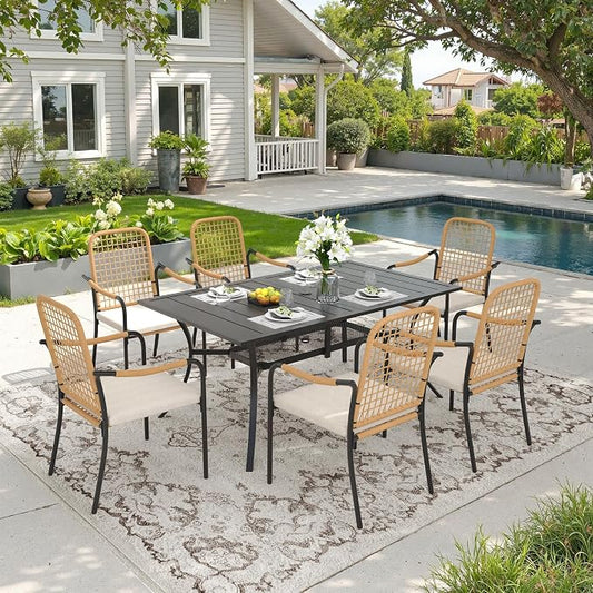 DIFY 7 Pieces Outdoor Dining Set, Metal Patio Table and Chairs Set for 6, 59.2" Rectangle Dining Table with Umbrella Hole & Wicker Stackable Patio Chairs with Cushions, Black Tabletop