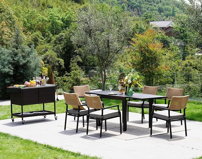 Grand patio Outdoor Bar Cart, Patio Storage Cabinet with Stainless Steel Top & Lockable Wheels, Kitchen Island Table Grill Cart for Outside Backyard Garden, Brown