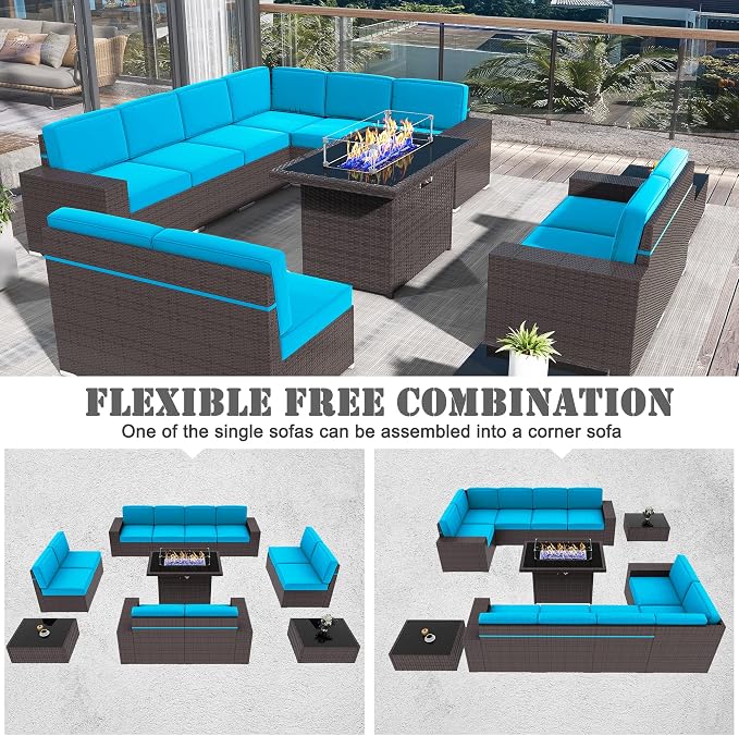 13 Pieces Patio Furniture Set with 44" Propane Gas Fire Pit Table, Outdoor Sectional Brown Rattan Wicker Conversation Sofa Sets with Coffee Table