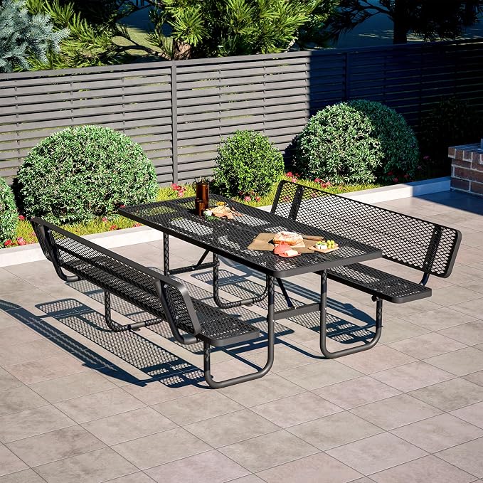 Outdoor Picnic Table with Umbrella Hole - Coated Steel Heavy Duty Commercial Grade Dining Table with Back Seat,Commercial Metal Picnic Table, Heavy Duty Rectangular Furniture Set for Life
