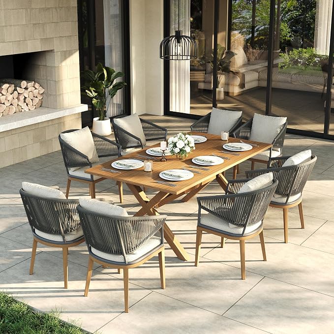 LayinSun 9 Piece Outdoor Dining Table Set, Aluminum Modern Rectangular Dining Table and All-Weather Wicker Chairs Set for Patio Deck Indoor Decor Kitchen