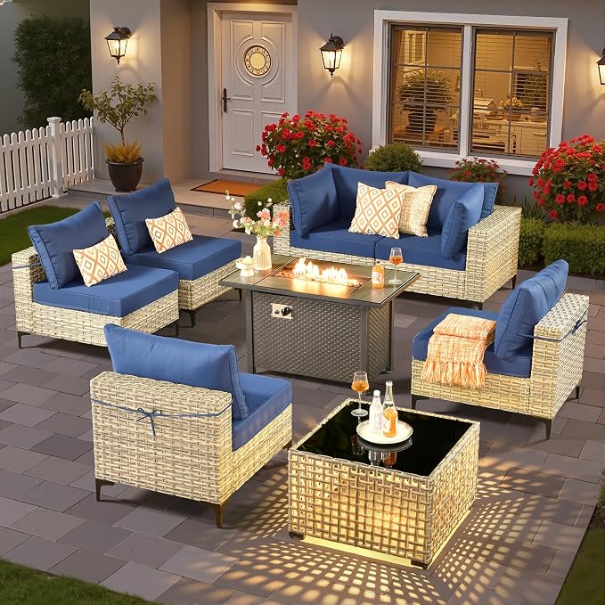 8 Pieces Patio Sectional Furniture Set, Outdoor Wicker Sectional Couch with Firepit Solar Lights Table, Modern Conversation Set for Porch Balcony Backyard, Navy Blue