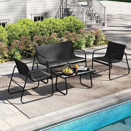 Tangkula 4 Piece Patio Furniture Set, Outdoor Metal Conversation Chair & Coffee Table Set with Mesh Seat Fabric & Tempered Glass Tabletop, Outside Bistro Set for Backyard, Porch, Poolside (Black)