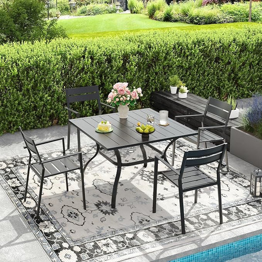 DIFY 5 Piece Outdoor Patio Dining Set for 4, Patio Table and Chairs Set with Umbrella Hole, 37.8" Square Dining Table and Stackable Metal Chairs for Backyard Garden Poolside, Black