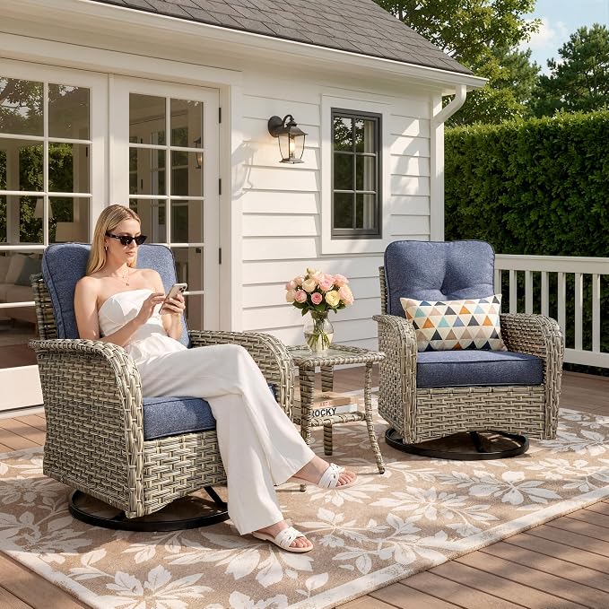 Outdoor Swivel Rocking Chair Set of 2 with Coffee Table, Wicker Patio Glider Chairs with 4 Inch Thick Cushions, 350lbs Capacity High Back Rattan Furniture Set for Sunroom and Small Spaces, Denim Blue