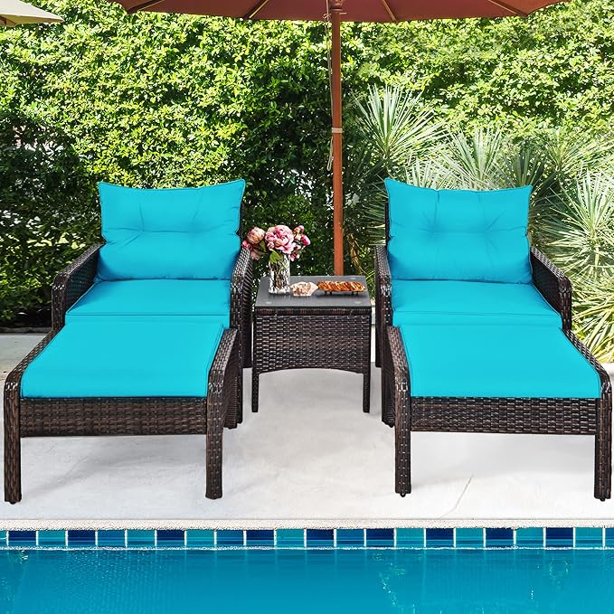 DORTALA 5 Pieces Patio Furniture Set, Outdoor Rattan Conversation Set with Cushions, Glass Table, Ottomans & Chairs, Wicker Sofa Set Backyard Garden Balcony, Turquoise