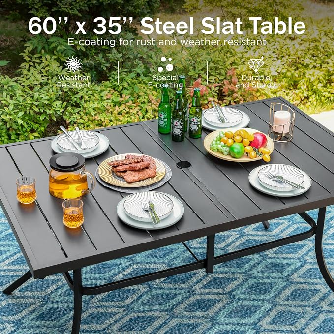 PHI VILLA 7 Piece Patio Dining Set, Swivel Chairs, Rectangular Steel Table | Metal chairs, Beige Cushion, Cushions, E-coated