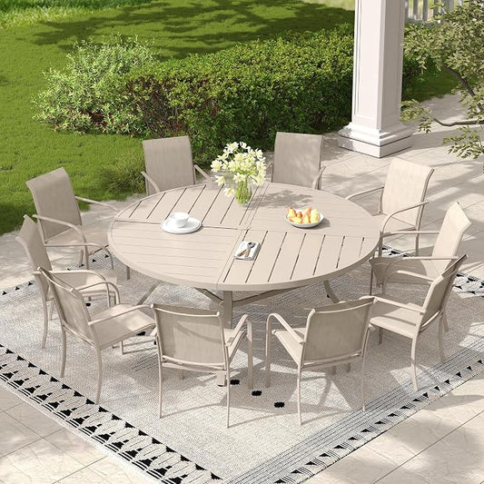 11 Pieces Outdoor Dining Set, Stackable Textilene Paito Chairs & 63.1" Round Dining Table with Umbrella Hole, Patio Dining Set for Backyard, Deck, Garden, Sandshell
