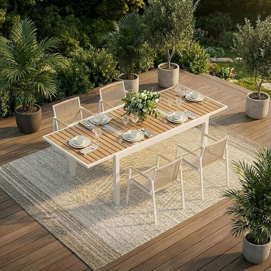 ZANDOR Expandable Outdoor Dining Set for 4-6-8,Patio Table and Chairs Set with Wood Top for Garden,Backyard,Porch,55"-82.7" Extendable Aluminum Outdoor Table Set with 6 Chairs,White