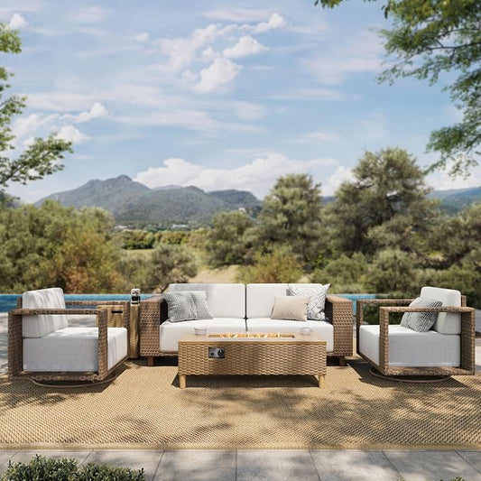 HERA'S HOUSE 4 Pieces Patio Furniture Set with Swivel Chairs & Fire Pit, Outdoor Sectional Rattan Wicker Sofas with 10" Thick Cushion, Low Profile Lawn Deck Furniture with Wide Armrest