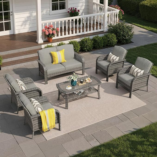 6 Pieces Patio Furniture Set, All-Weather Rattan Wicker Outdoor Furniture Loveseat Chairs with Coffee Table, High Back Conversation Set for Porch, Backyard, Balcony,Dark Grey
