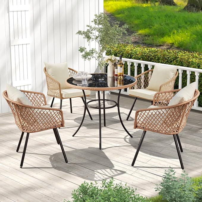 AVAWING 35.6-Inch Round Outdoor Dining Table for 4-6, All-Weather Steel Frame & Glass Tabletop with Umbrella Hole, Patio Furniture for Garden, Backyard, Poolside, Black(Only Table)