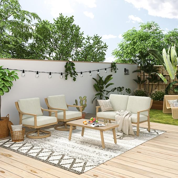 HAPPATIO 4-Piece Patio Furniture Set - Outdoor Aluminum Patio Conversation Set Includes 1 Loveseat, 2 Swivel Chairs, and 1 Coffee Table, Perfect for Porch, Deck, Garden, (Beige)