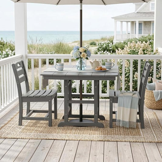 WILLIAMSPACE 37.8" Outdoor Patio Dining Set with 2 Armless Chairs, All Weather HDPE Square Dining Table with Umbrella Hole, Patio 3-Piece Bistro Set for Backyard, Balcony, Lawn, Kitchen (Grey)