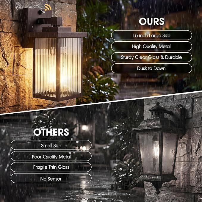 2-Pack 15-Inch Dusk to Dawn Outdoor Light, Oil-Rubbed Bronze Metal | Auto On at Dusk, Off at Dawn. Textured Glass Softens Glare. Waterproof Rust-Resistant Metal. Pre-Assembled DIY Install