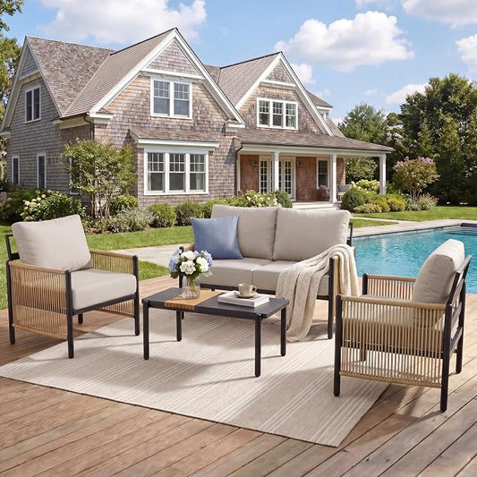Aluminum Patio Furniture Set, 4 Seats Outdoor Patio Furniture with Coffee Table, Outdoor Wicker Conversation Sets with Cushion for Backyard, Balcony,Porch,Light Grey