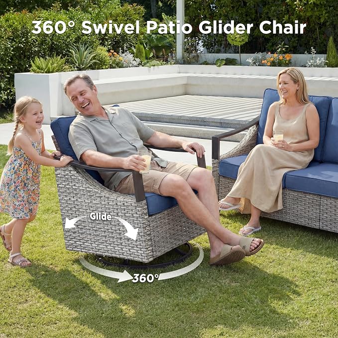 Patio Furniture Set with 42.5" Fire Pit Table-9 Pieces All Weather Wicker Outdoor Furniture with High Back Swivel Patio Chairs Set of 4 Outdoor Patio Conversation for Deck Garden Blue/Gray