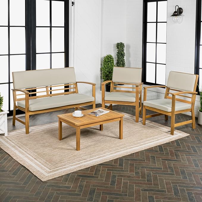 JONATHAN Y Barclay Modern 4-Piece Acacia Wood Outdoor Patio Set, Conversation Seating Group with Removable Cushions and Coffee Table for Backyard, Porch, Garden, Poolside, Teak Brown LVG1000A-4SET