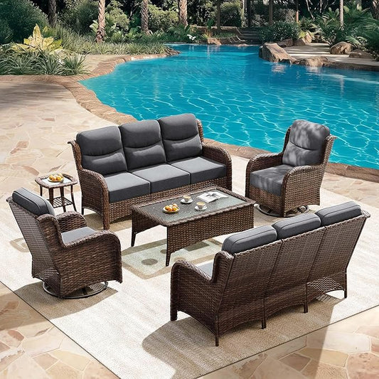 HILLGA Luxury Outdoor Patio Furniture Set with 6-Inch Thick Cushions, High Back Wicker Swivel Rocker Chairs, 6Pcs All Weather Sofa Set for Large Deck, Yard and Poolside, Gray (V3)