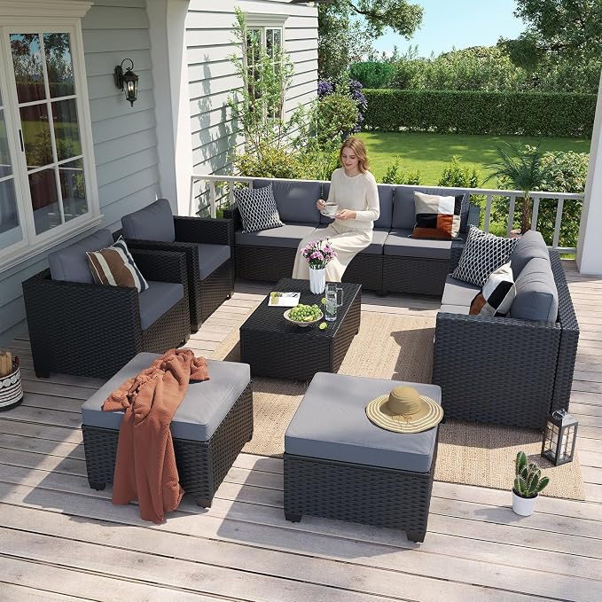 Aoxun 10 Piece Outdoor Patio Furniture Set 9 Seats, Outdoor Sectional with Thick Waterproof Cushions, Patio Conversation Sets for Garden,Backyard, Porch, Balcony, Deck, Black & Gray